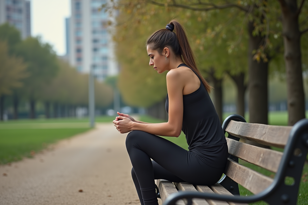 Jeune femme en tenue de sport se reposant dans un parc urbain