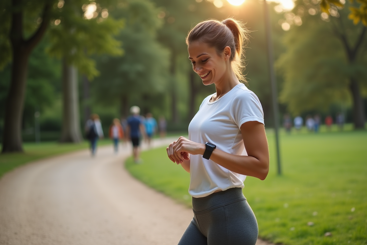 Femme souriante vérifiant son fitness tracker dans un parc