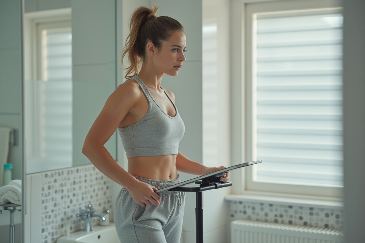 Femme en tenue de sport sur une balance dans la salle de bain