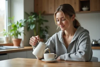 Femme dégustant un thé dans une cuisine moderne et chaleureuse