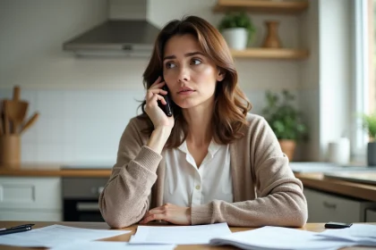 Femme au téléphone dans une cuisine lumineuse