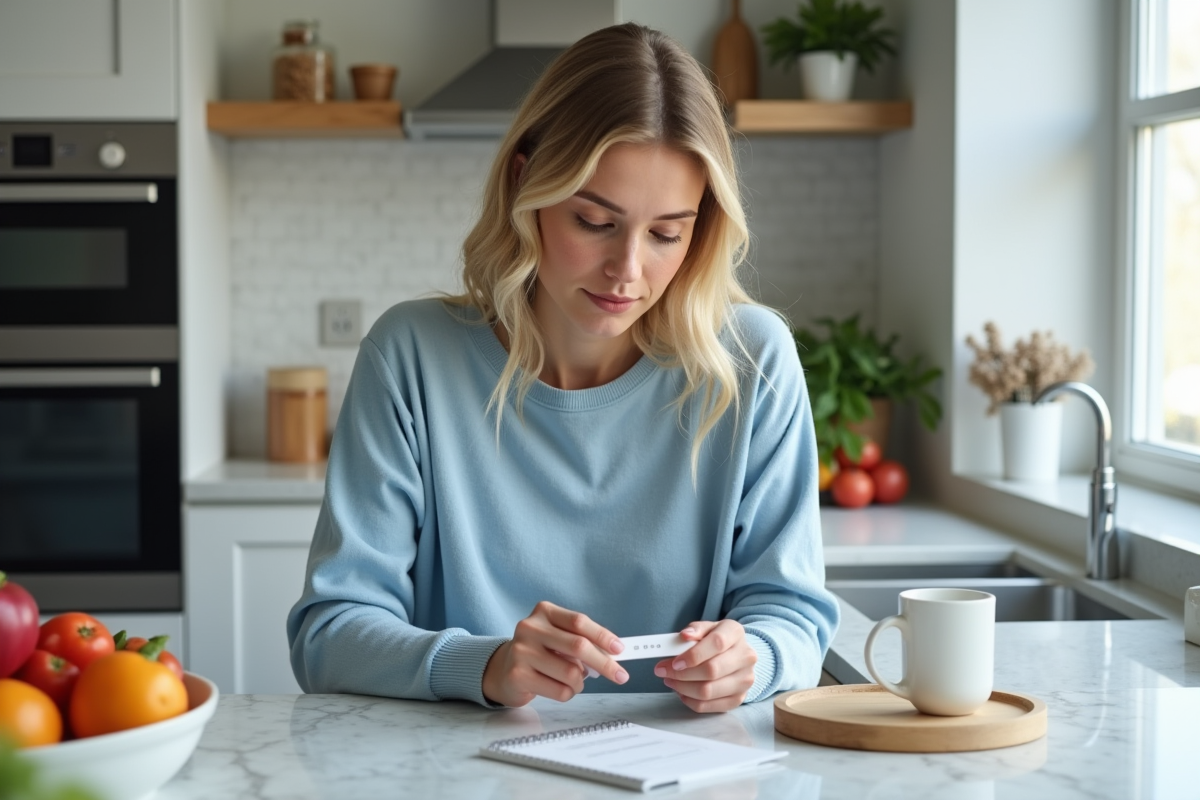 Femme examinant un kit de test d'intolerance alimentaire à la maison