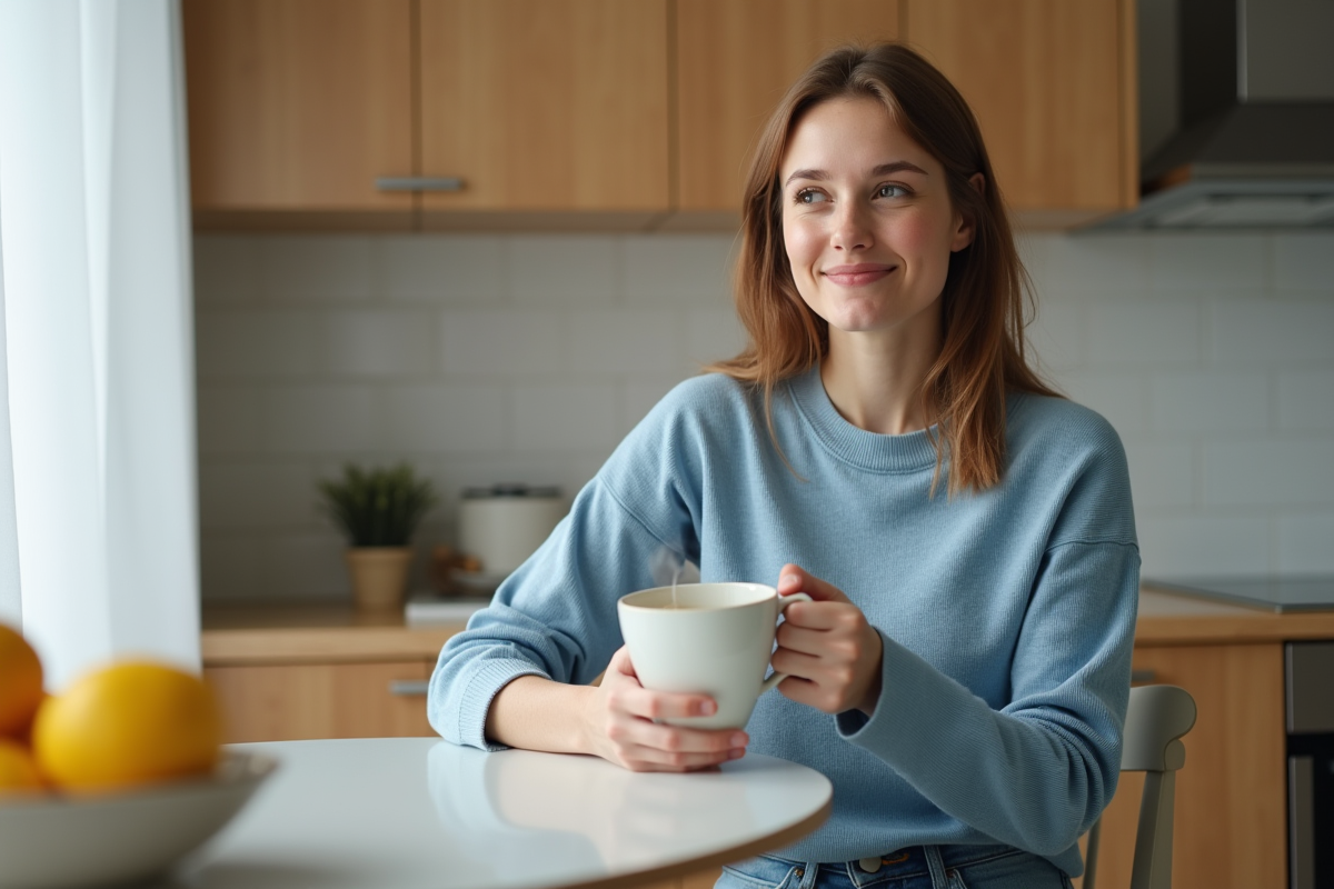 Jeune femme buvant du thé au gingembre dans une cuisine lumineuse
