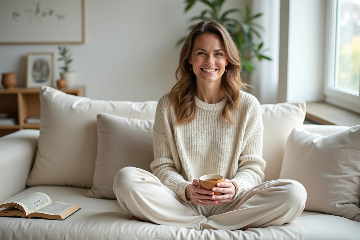 Femme détendue buvant une tisane sur un canapé dans un salon épuré, symbolisant l'écoute de son corps et une approche douce de la perte de poids