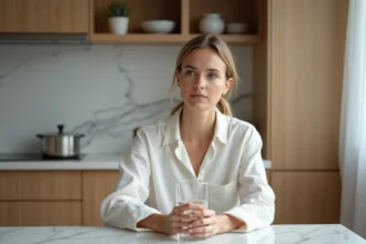 Femme buvant un verre d'eau à jeun dans une cuisine minimaliste, illustrant le jeûne hydrique