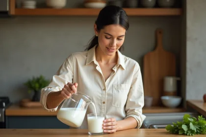 Femme versant de l'eau de riz dans un verre dans une cuisine rustique moderne