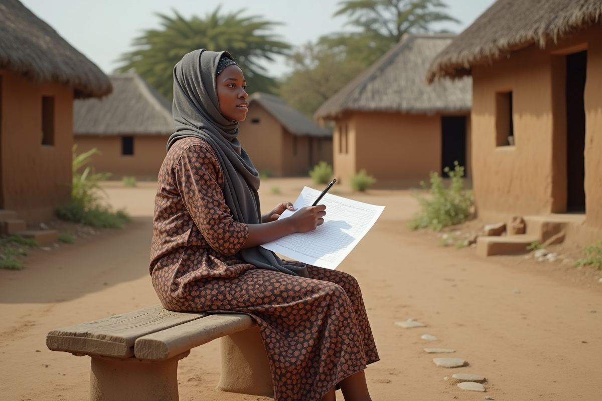 Jeune femme remplissant un formulaire en milieu rural