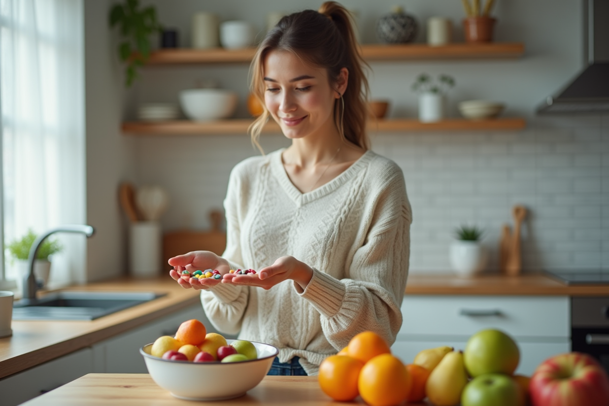 Jeune femme avec vitamines et fruits dans la cuisine