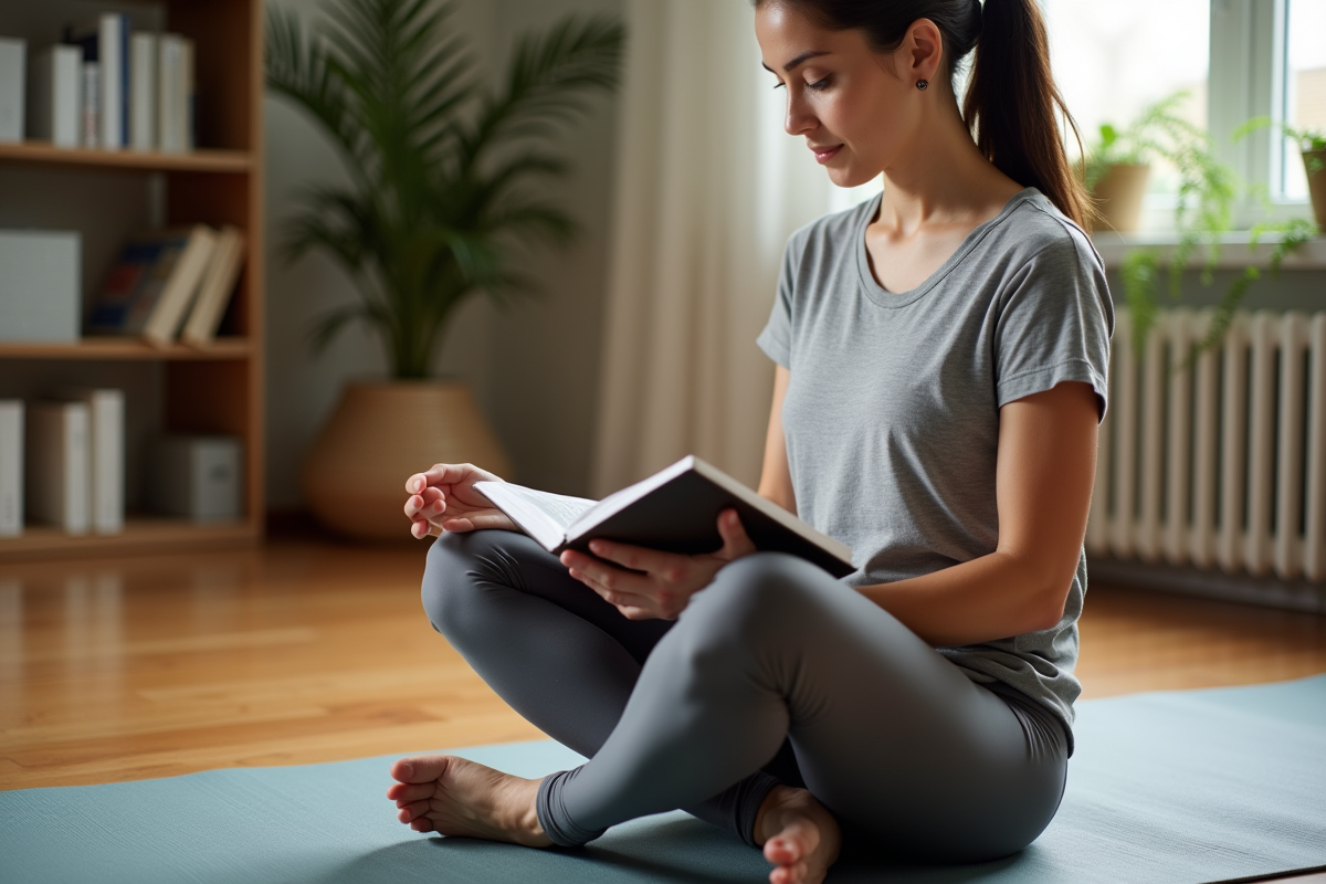 Femme en yoga à la maison en pleine séance de stretching