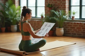 Femme pratiquant le yoga assise en tailleur consultant un tableau des postures asanas sur un tapis en liège dans un studio minimaliste