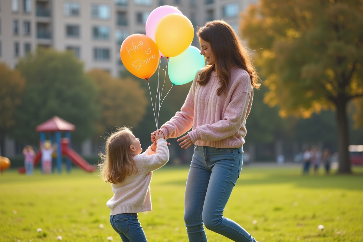 Jeune femme jouant avec sa fille dans un parc ensoleille