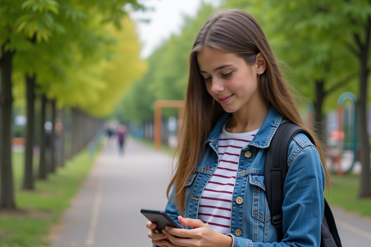 Jeune fille regardant son smartphone dans un parc urbain