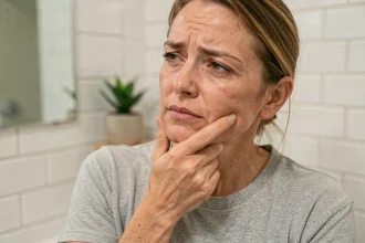 Femme appuyant ses doigts sur un ganglion douloureux sous la mâchoire dans une salle de bain