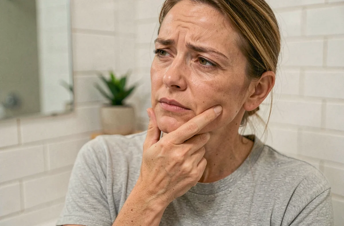 Femme appuyant ses doigts sur un ganglion douloureux sous la mâchoire dans une salle de bain