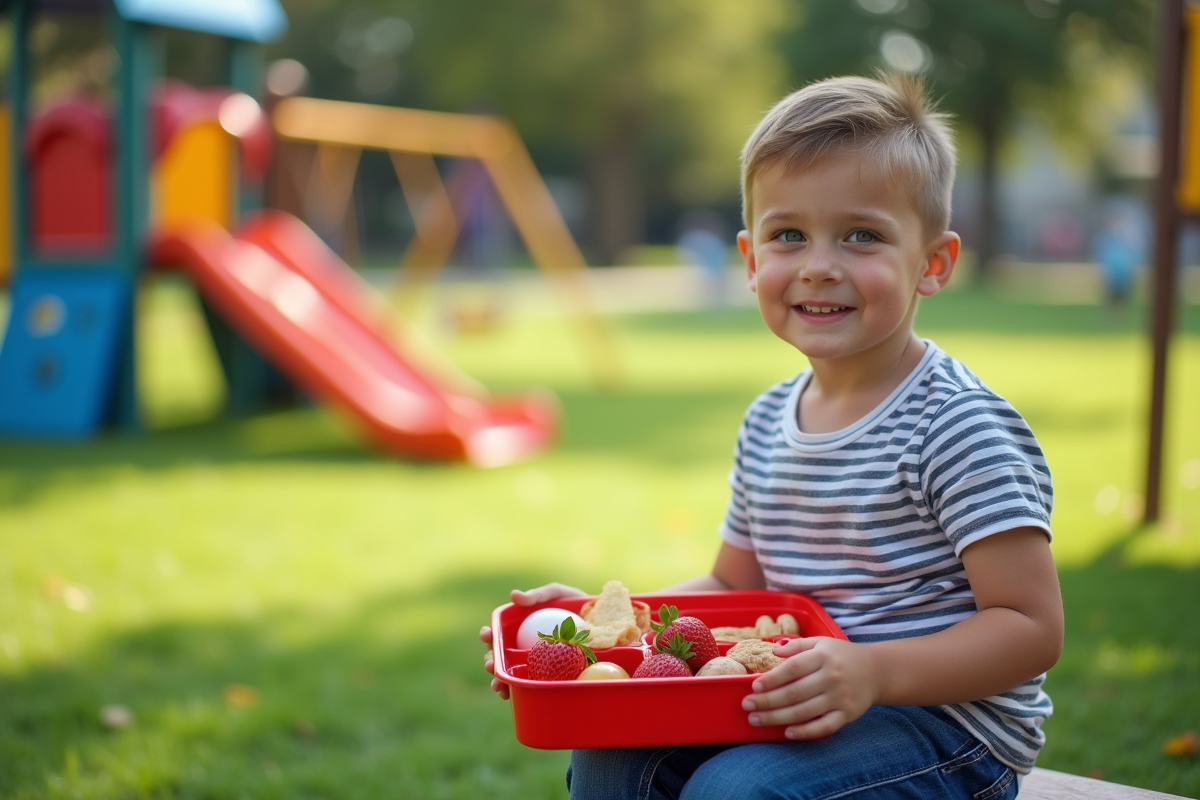 Garçon d école avec boîte à lunch allergènes en plein air