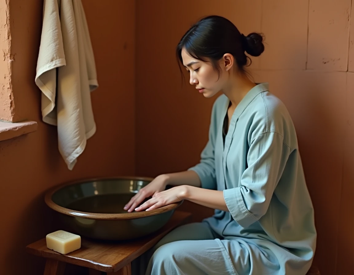 Jeune femme réalisant la grande ablution islamique avec un bassin en céramique dans un espace traditionnel