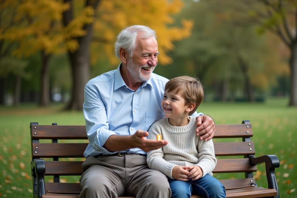 Grand-père souriant avec un enfant dans un parc avec paracetamol