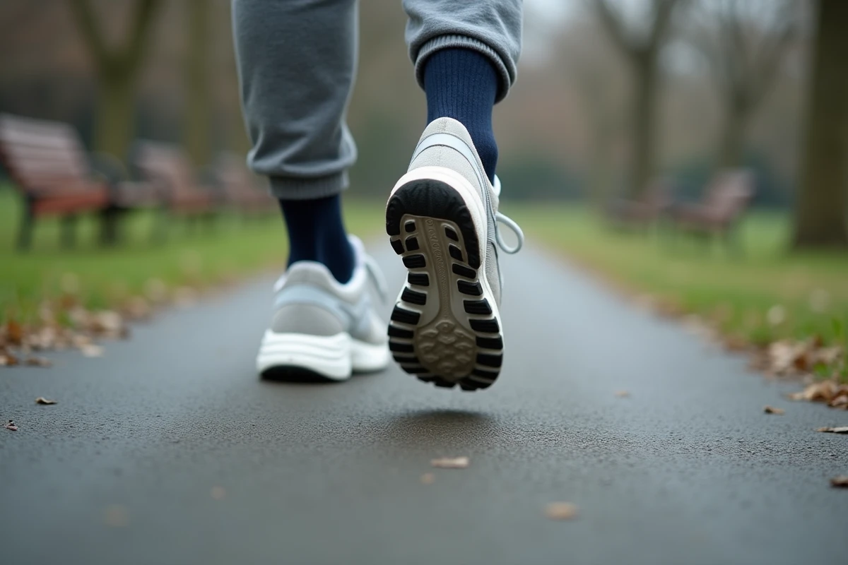 Gros plan sur des chaussures de marche en mouvement sur un chemin asphalté, représentant visuellement le concept des pas par kilomètre pour la santé
