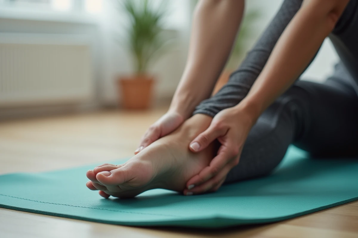 Gros plan sur le côté extérieur du pied gauche douloureux posé sur un tapis de yoga