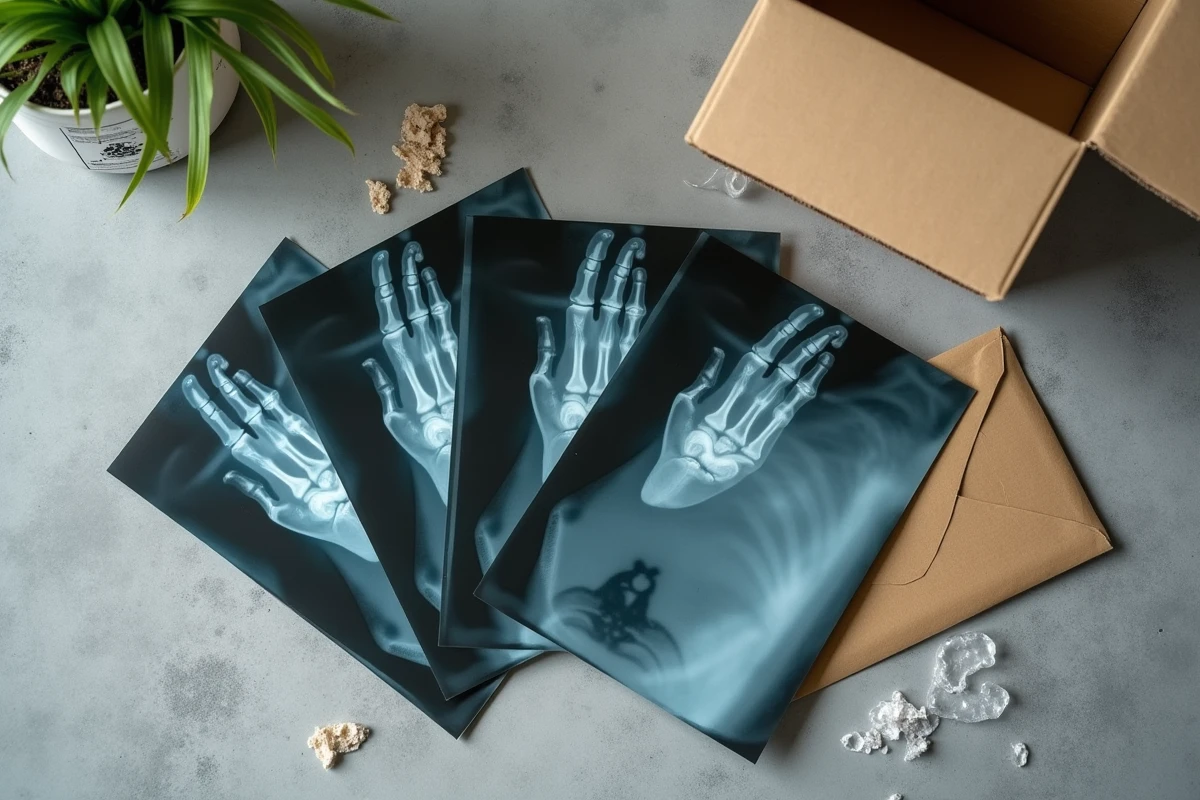 Gros plan sur de vieilles radiographies médicales posées sur une surface en béton avec une enveloppe et un symbole de recyclage