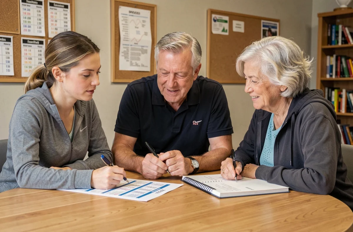 Groupe de trois adultes d'âges différents réunis autour d'une table dans un centre sportif, analysant ensemble des plans d'entraînement adaptés à leur âge