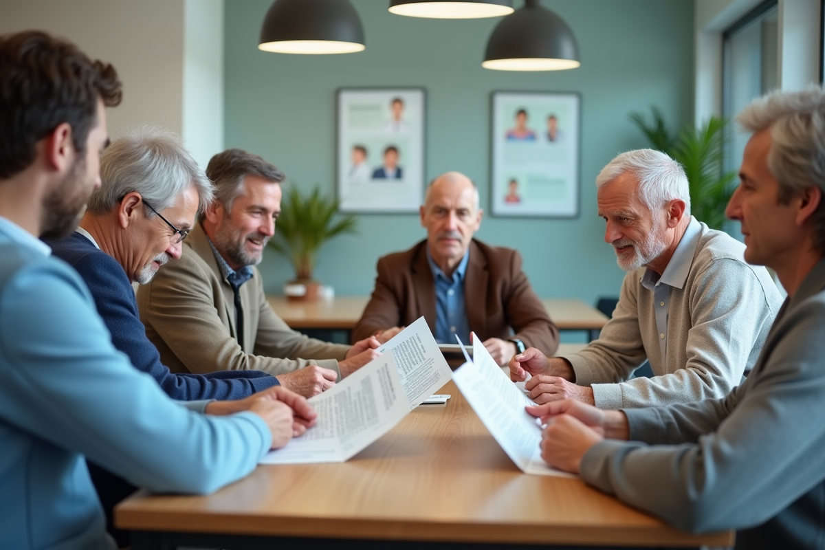 Groupe d'adultes lisant brochures dans salle d'attente