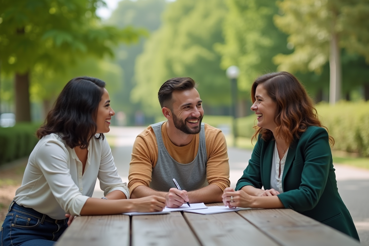 Groupe d amis discutant dans un parc ensoleille