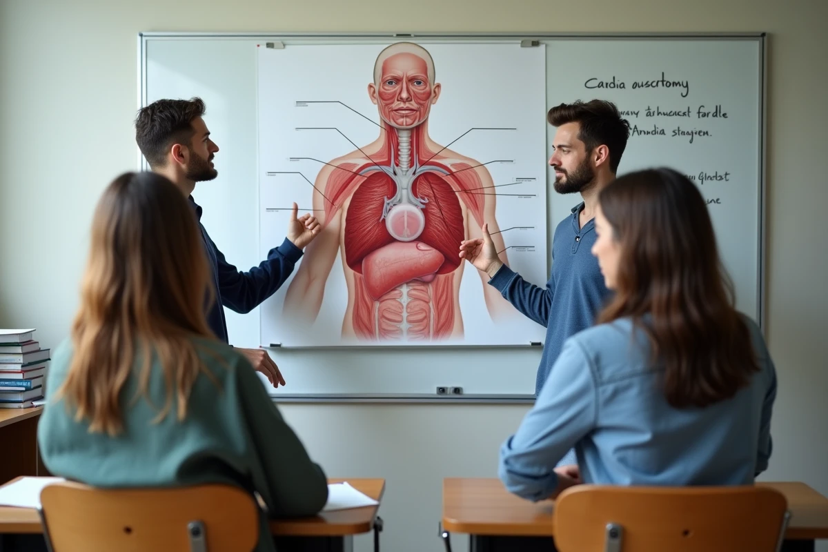 Groupe d'étudiants en médecine pointant les foyers d'auscultation cardiaque sur une affiche anatomique murale