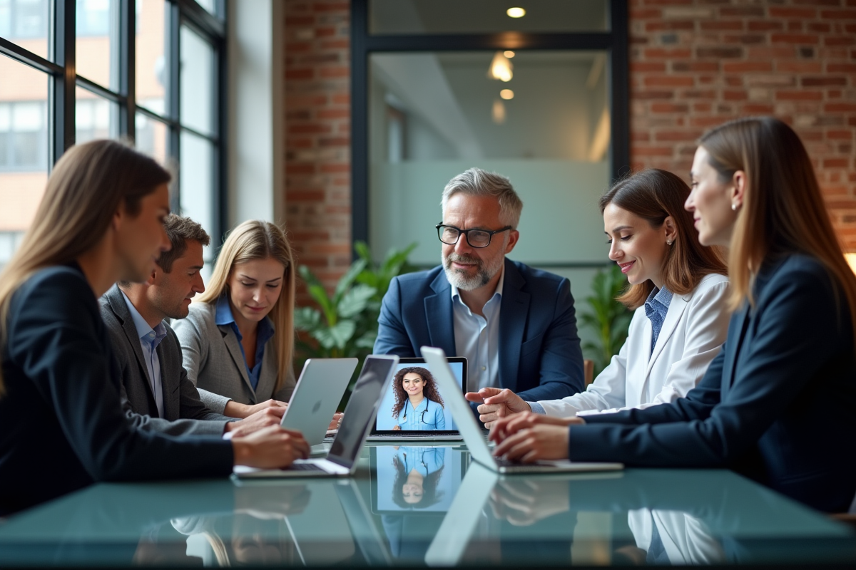 Groupe de professionnels discutant autour d'une table moderne
