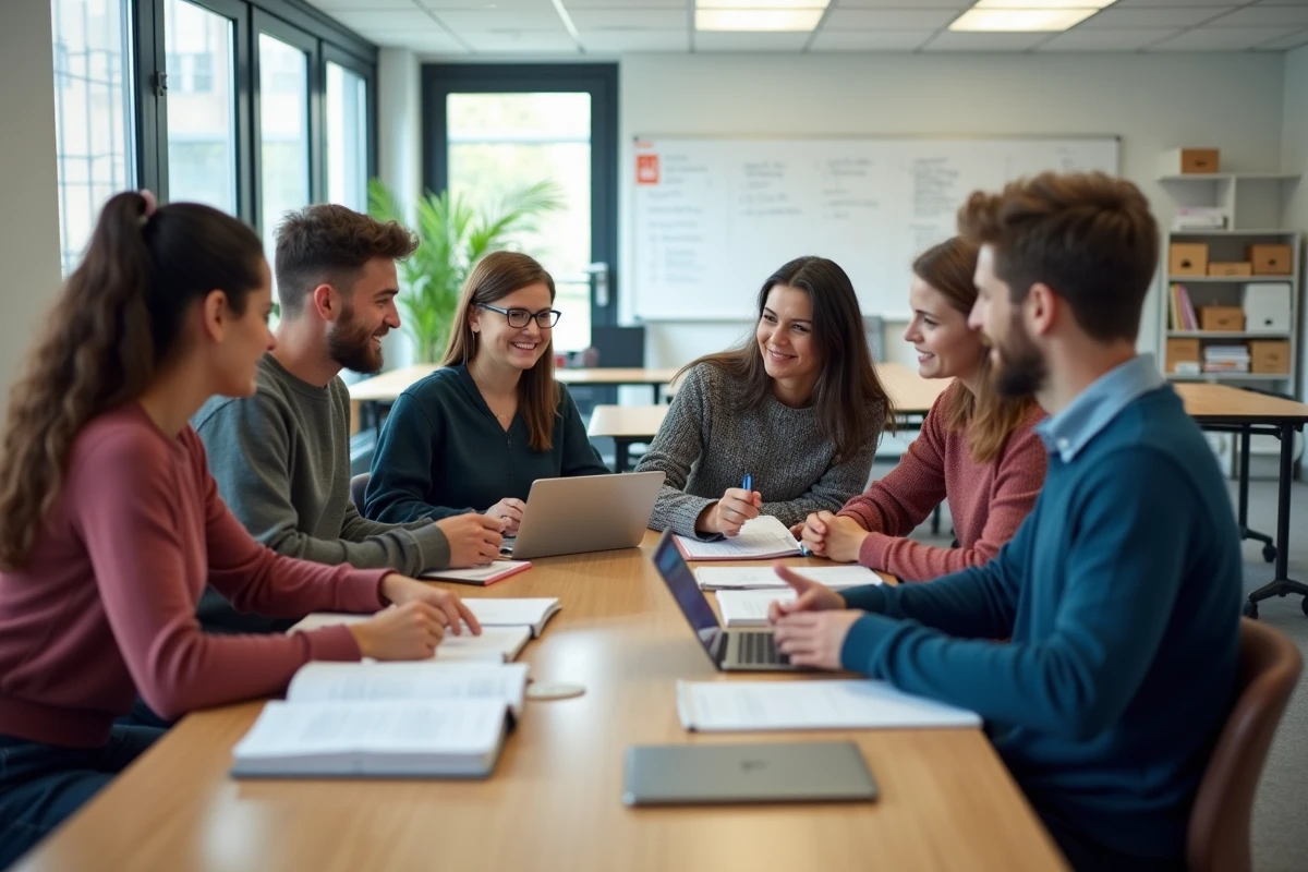 Étudiants en ergothérapie discutant en classe universitaire