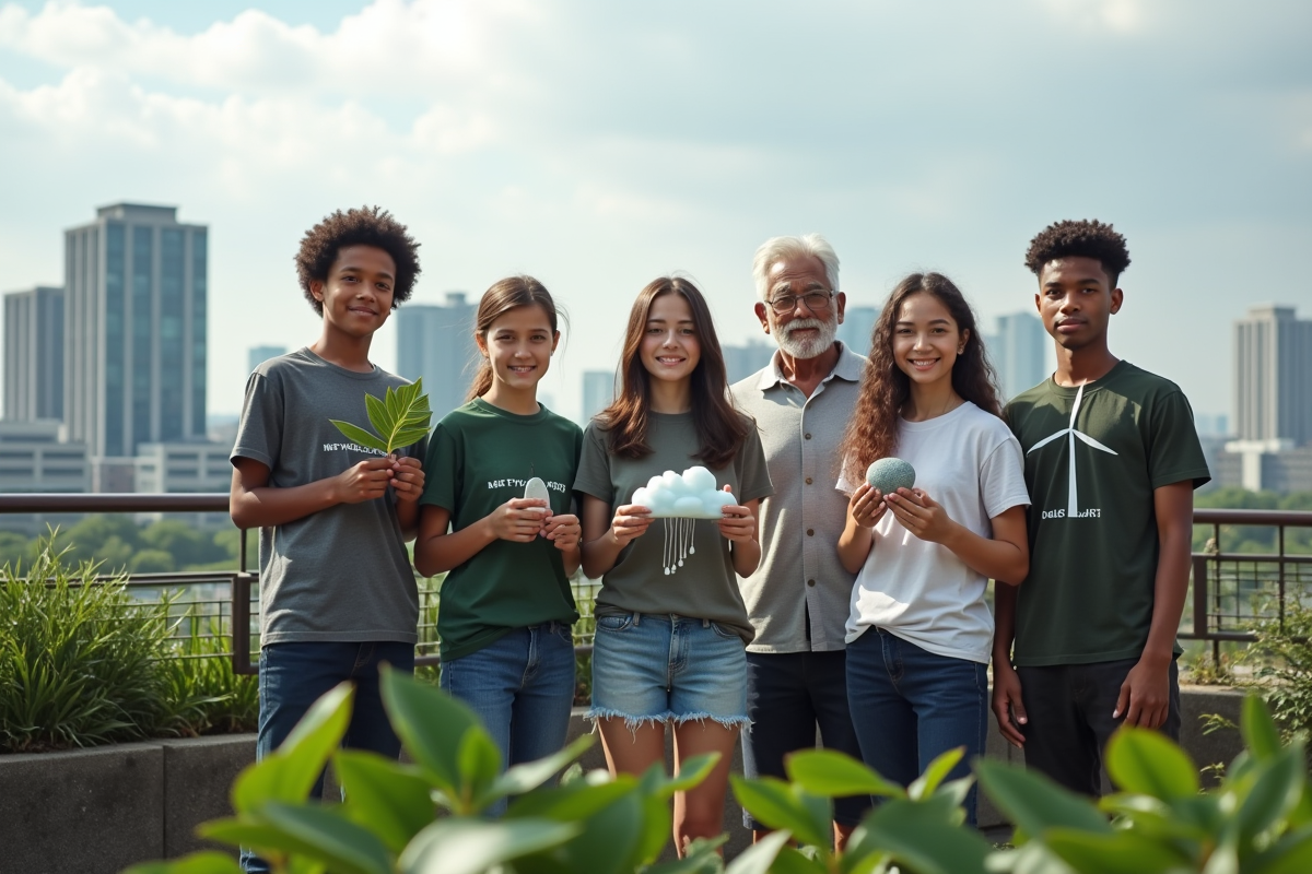 Groupe de jeunes et un homme âgé tenant des objets sur le climat