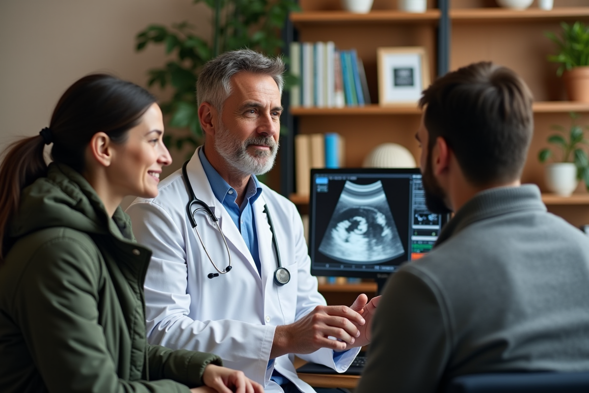 Gynécologue montrant un ultrasound à un couple en consultation