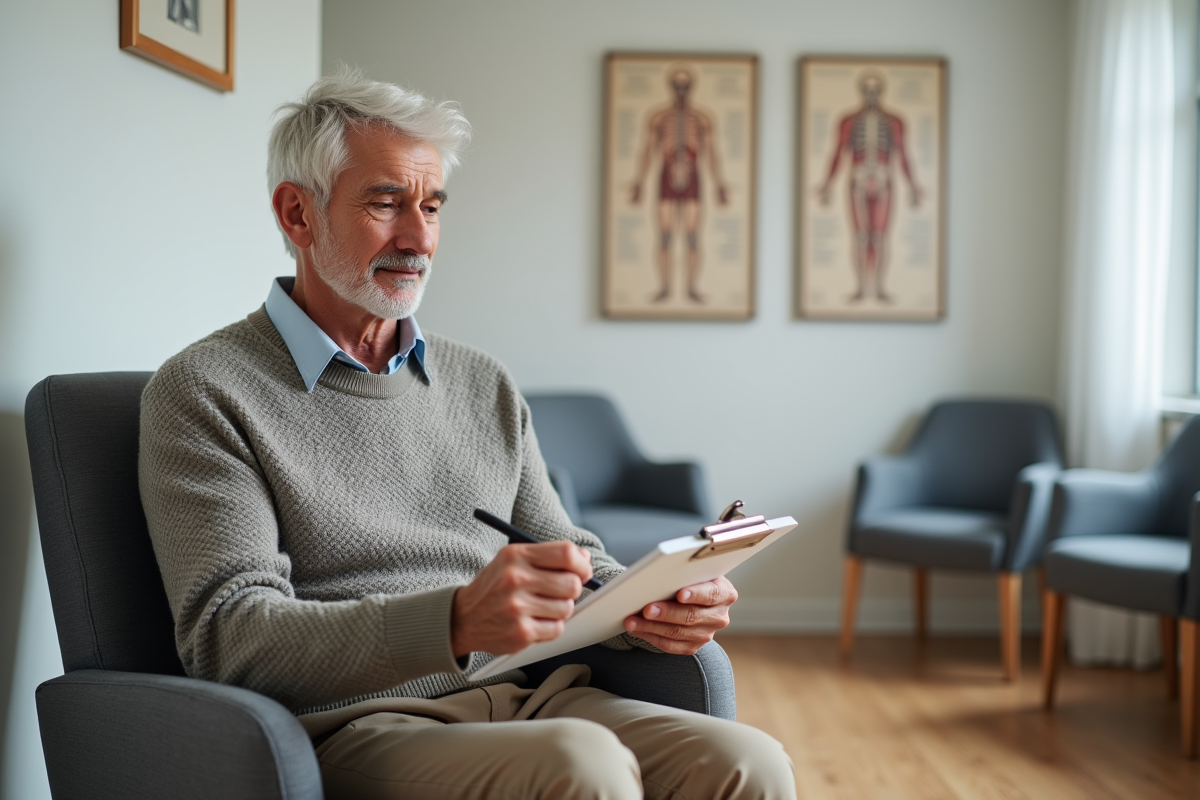 Homme âgé en salle de rééducation remplissant un formulaire