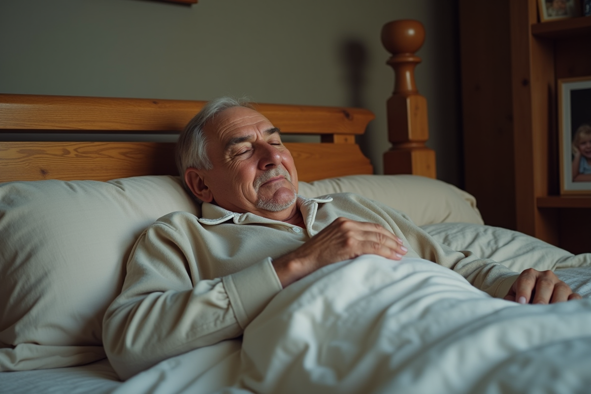 Homme de 80 ans en pyjamas dormant paisiblement dans son lit