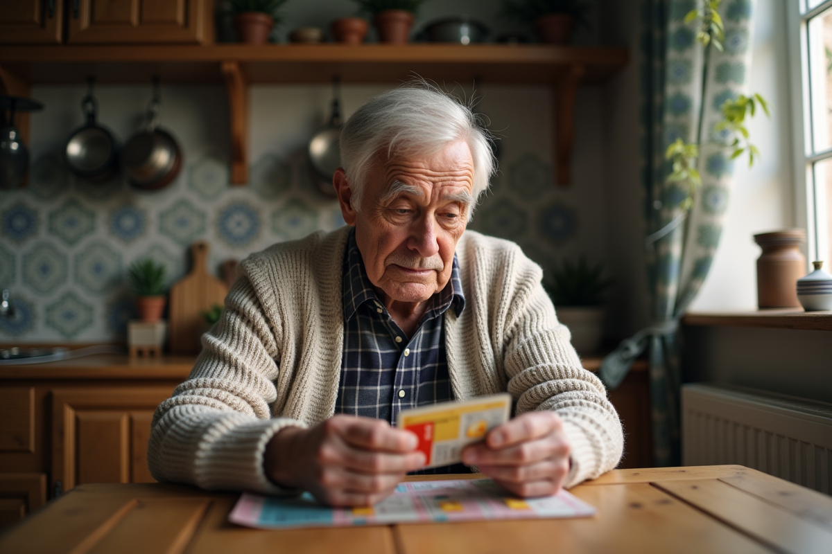 Homme âgé lisant une notice de paracetamol dans la cuisine