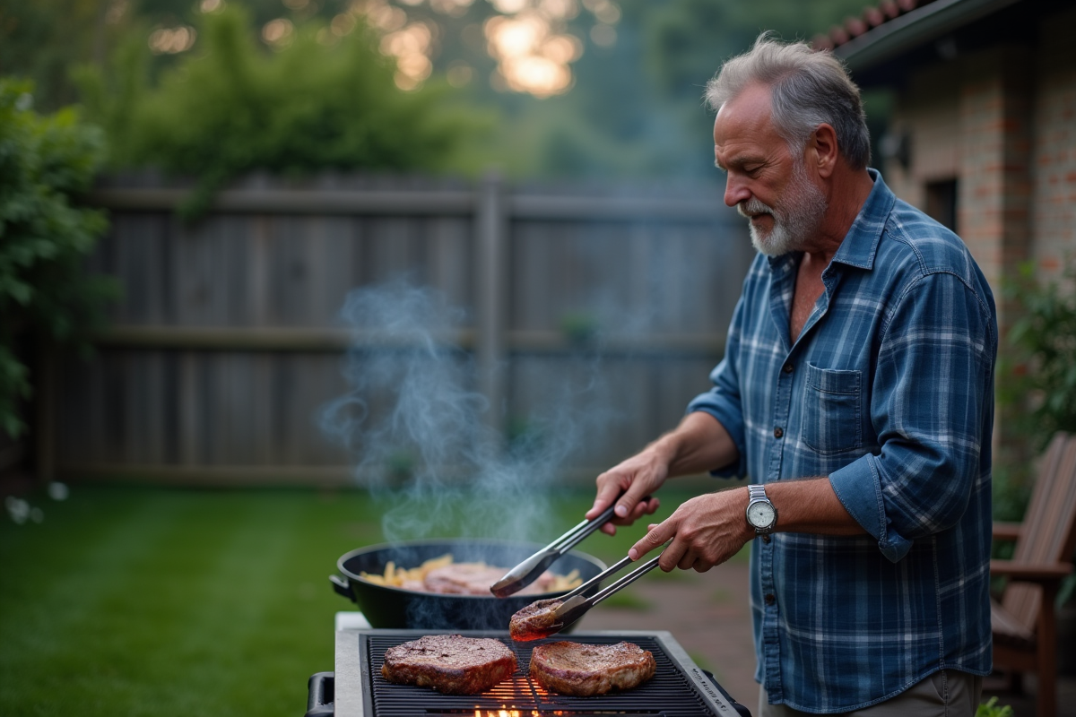 Homme en chemise à carreaux grillant des steaks dans le jardin