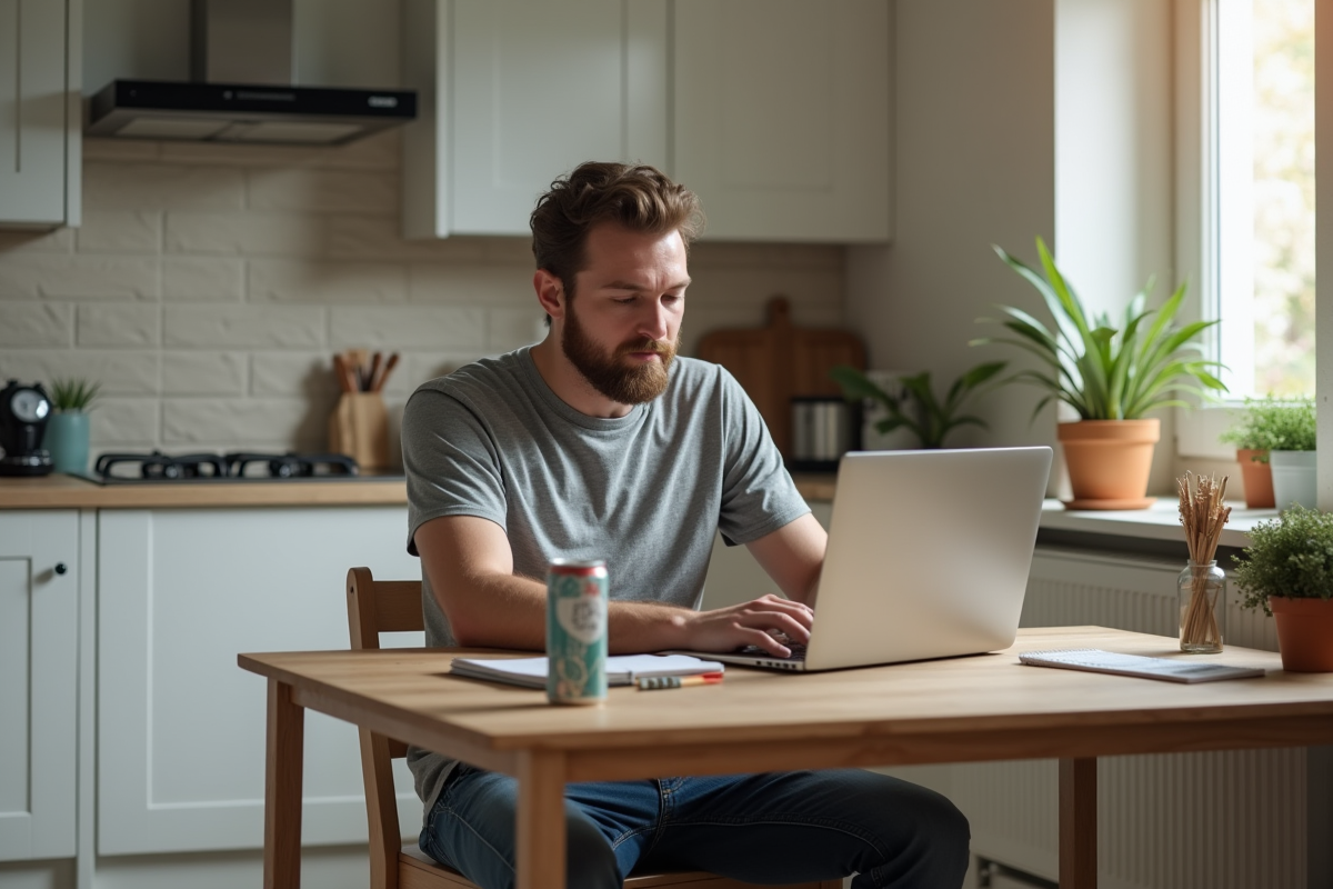 Homme détendu dans la cuisine moderne avec boisson énergisante
