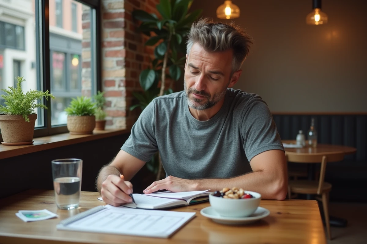 Homme consultant un journal de régime comparant le régime low carb et Alviona dans un café