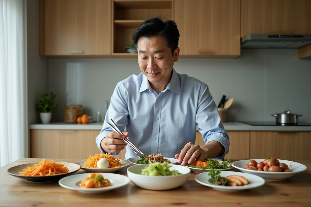 Homme coreen préparant des banchan dans une cuisine moderne