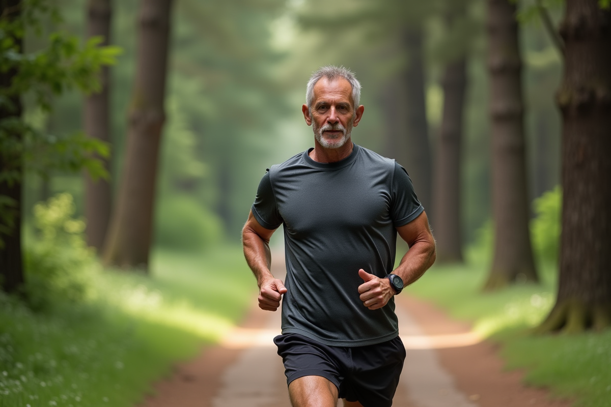 Homme courant dans une forêt avec un sourire détendu