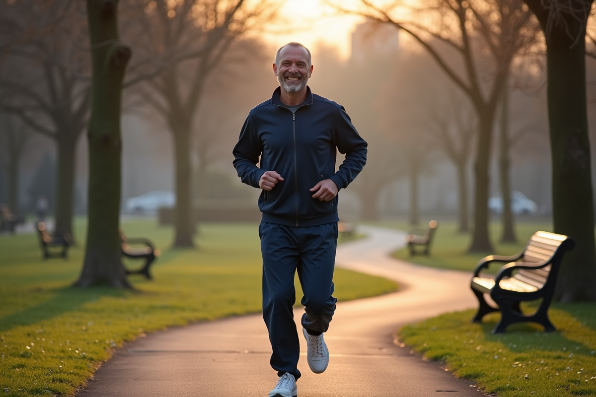 Homme courant dans un parc au petit matin