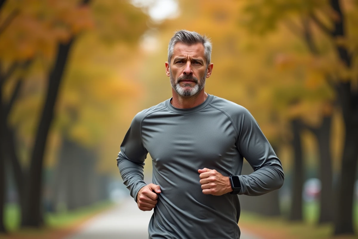 Homme en train de courir dans un parc urbain en automne, illustrant l'effort physique dans un programme de perte de poids durable