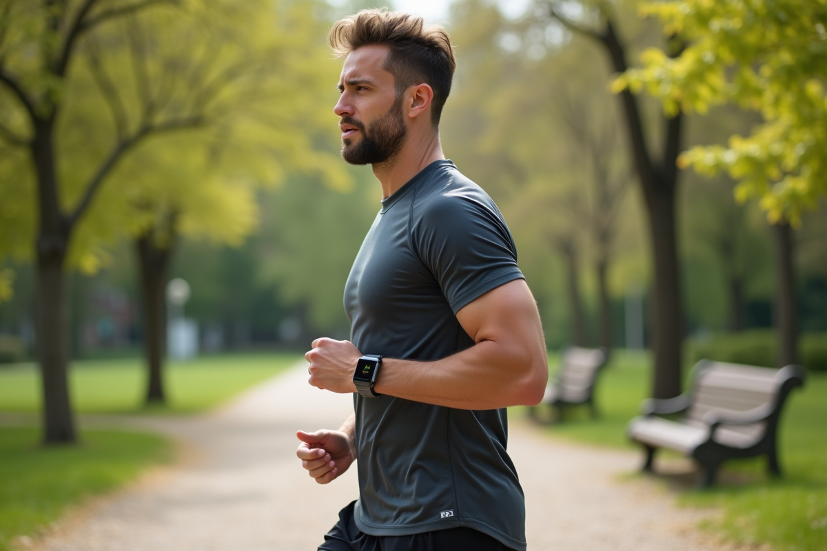 Homme courant dans un parc au printemps