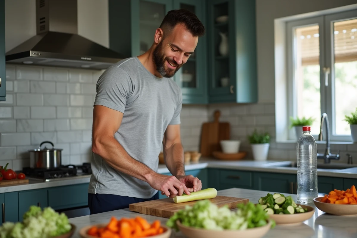 Homme préparant un repas sain avec courgettes dans la cuisine