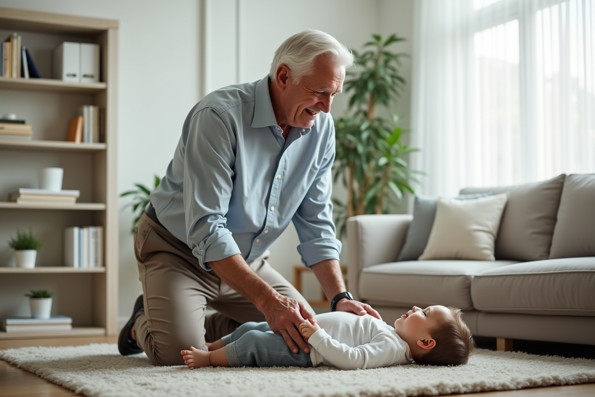 Homme âgé montrant la position de récupération pour un enfant