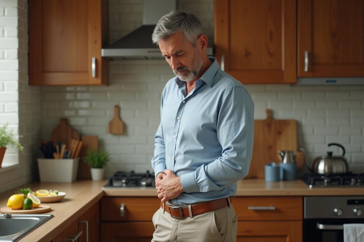 Homme se tenant le dos dans sa cuisine chaleureuse