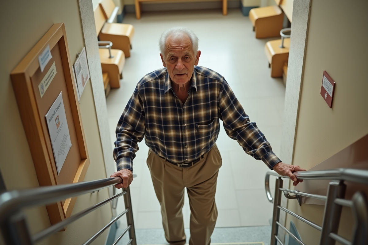 Homme âgé atteignant la rampe d