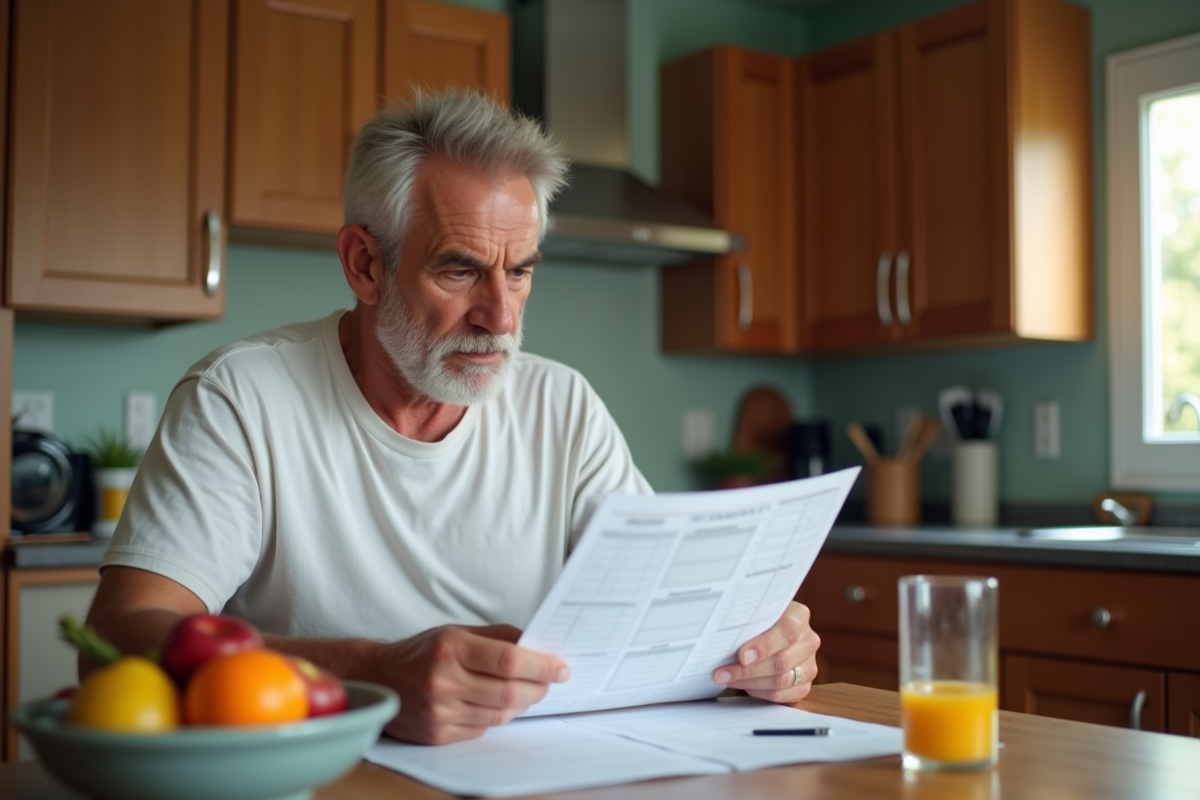 Homme regardant un plan de repas à la cuisine