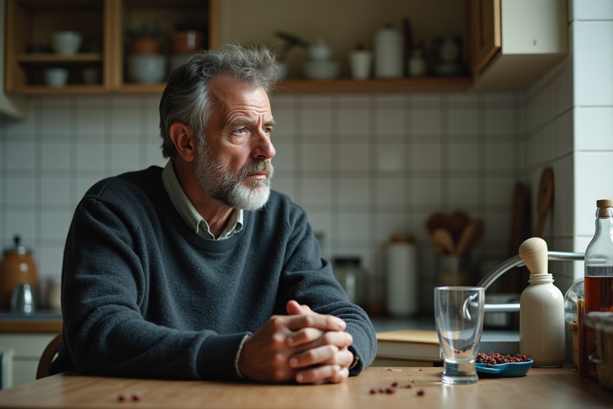 Homme fatigué assis à la cuisine avec verre à moitié plein