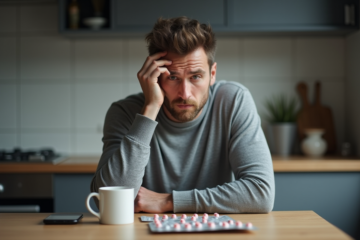Homme fatigué assis à la cuisine avec tasse et médicaments